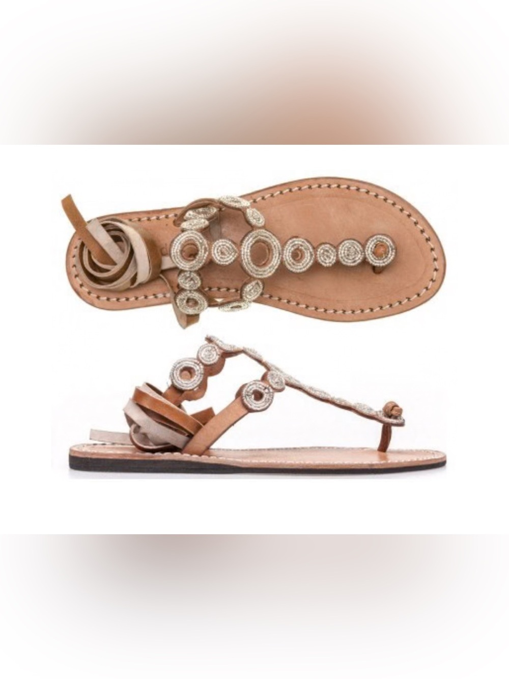 laidback london Brown Leather Beaded Thong Flat Sandals Women's Size 9